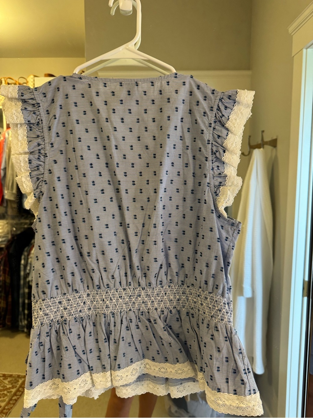 Maeve Light Blue Dot Wrap Tunic with White Lace Ruffle - Picture 6 of 6